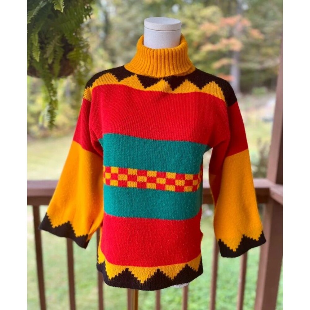 Vintage 70s Hillbilly Psychedelic Geometric Bell Sleeve Turtleneck Sweater